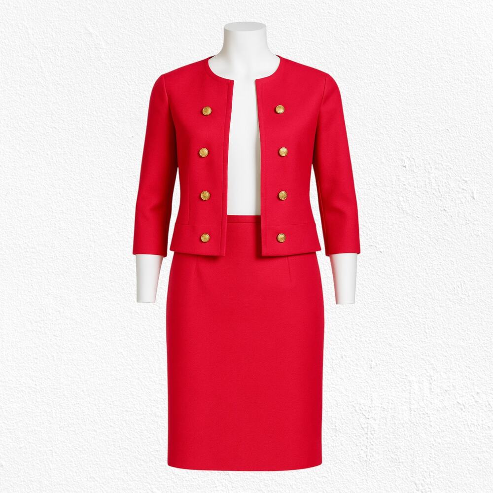 50s Vintage Red Open Front Double Breasted Blazer Pencil Skirt Wool Set Size 2 - Picture 3 of 16